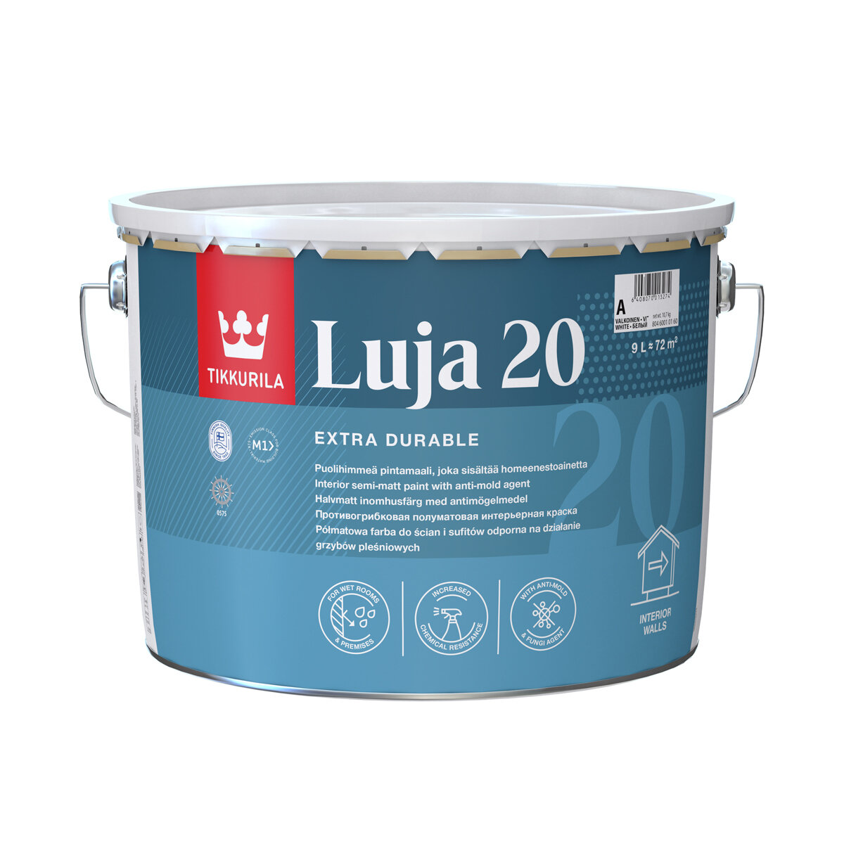 TIKKURILA LUJA EXTRA 20 краска антигрибковая для влажных помещений, полуматовая, база A (9л)