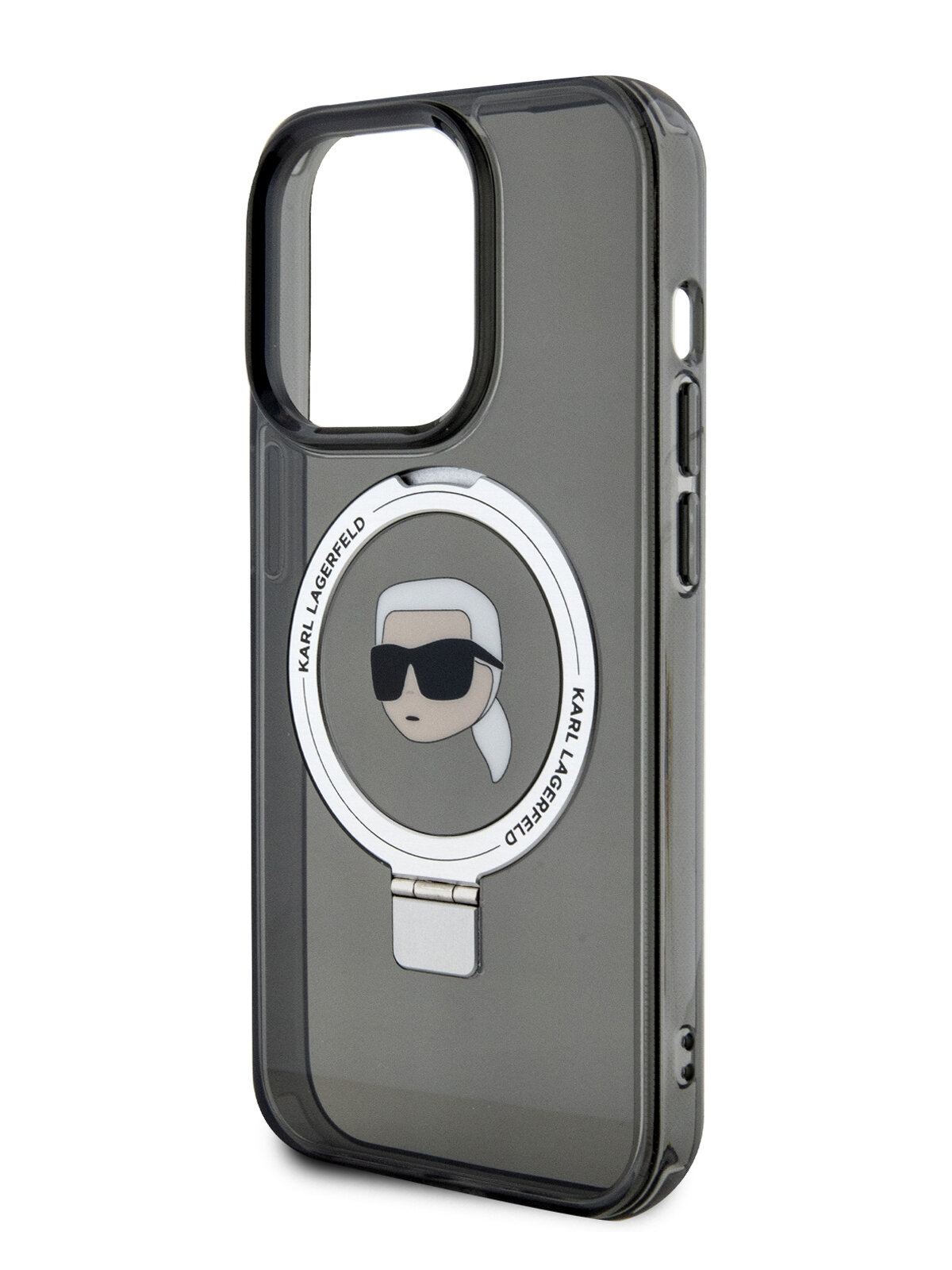 фото Lagerfeld для iPhone 15 Pro Max чехол PC/TPU + Ring stand NFT Karl Head Hard Black (MagSafe)
