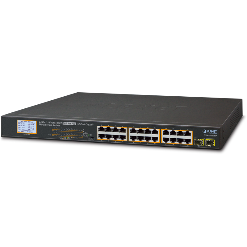 коммутатор/ PLANET 24-Port 10/100/1000T 802.3at PoE + 2-Port 1000SX SFP Gigabit Switch with LCD PoE Monitor (300W PoE Budget, St