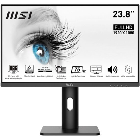 MSI PRO MP243P 238" 16:9 FHD(1920x1080 ) IPS Flat5ms(GTG)1000:1100M:1250nit178/178 HDMI 14 DP 12 Tilt Swivel Height Pivot VESA75Hz Black1y w