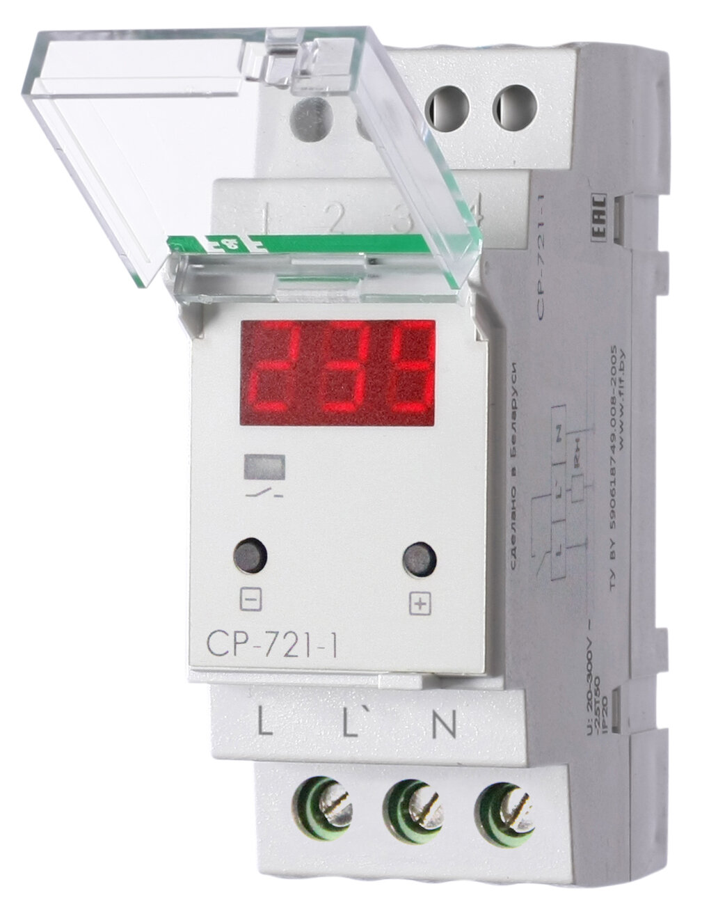 Реле напряжения CP-721-1 (однофазное; цифровая индикация; напряжение питания 50-450В контакт 1NO 63А встроен. таймер регистрация аварий в памяти индикация текущего напряжения) (аналог УЗМ) F&F EA04.009.013 ( 1шт. )