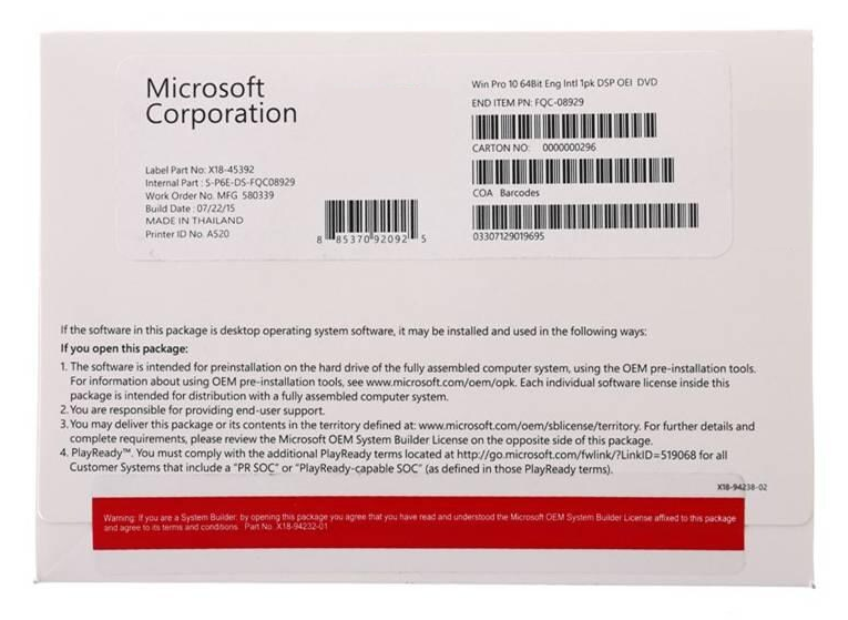 Microsoft Windows 10 Professional 64Bit English Intl 1pk DSP OEI DVD