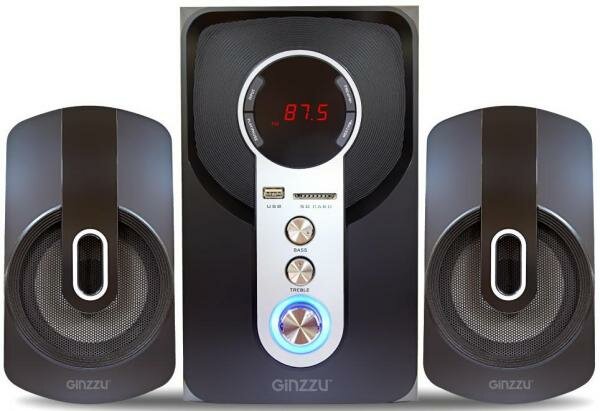 Ginzzu GM-405 2.1 с Bluetooth, выходная мощность 20Вт + 2х10Вт, аудиоплеер USB-flash, SD-card, FM-радио, пульт ДУ - 21 кнопка, стерео вход (2RCA), экв