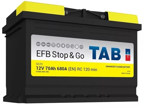 Аккумулятор автомобильный TAB EFB Stop&Go 70 А/ч 760 А обр. пол. Евро авто (278x175x190) 57088