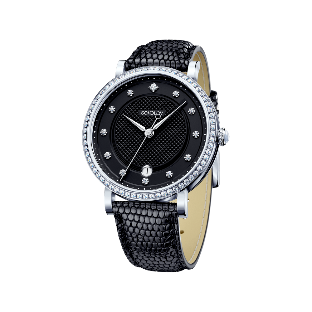 Серебряные часы Diamant online 112095 с фианитом и сапфировым стеклом, Серебро 925°