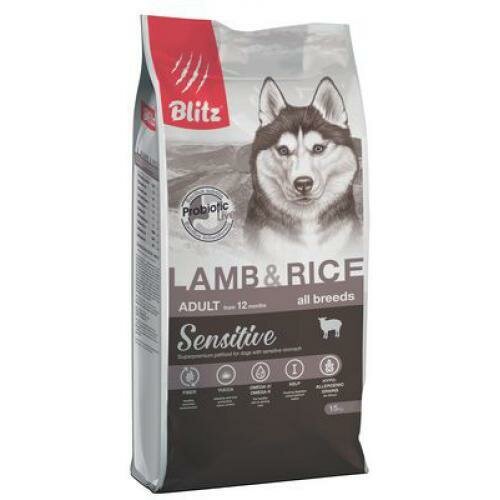 Сухой корм для взрослых собак всех пород Blitz Sensitive Lamb&Rice с чувствительным пищеварением с ягнёнком и рисом 15 кг.