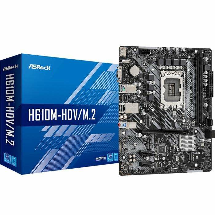 Материнская плата ASROCK H610M-HDV/M.2, LGA1700, H610, 2*DDR4, DP+D-Sub+HDMI, 4xSATA3 6.0, M.2 Socket, 2xUSB 3.2, 2xUSB 2.0, mATX; 90-MXBH60-A0UAYZ