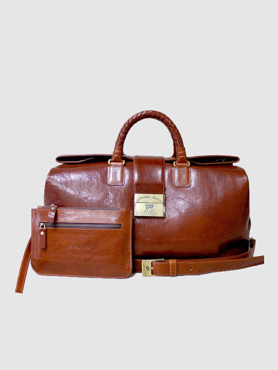 Дорожная сумка кожаная с клатчем в комплекте Bruno Bartello D-0005, коричневая - фотография № 1