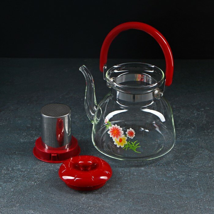 Чайник стеклянный заварочный с металлическим ситом «Цветочная фантазия», 1,4 л - фотография № 3