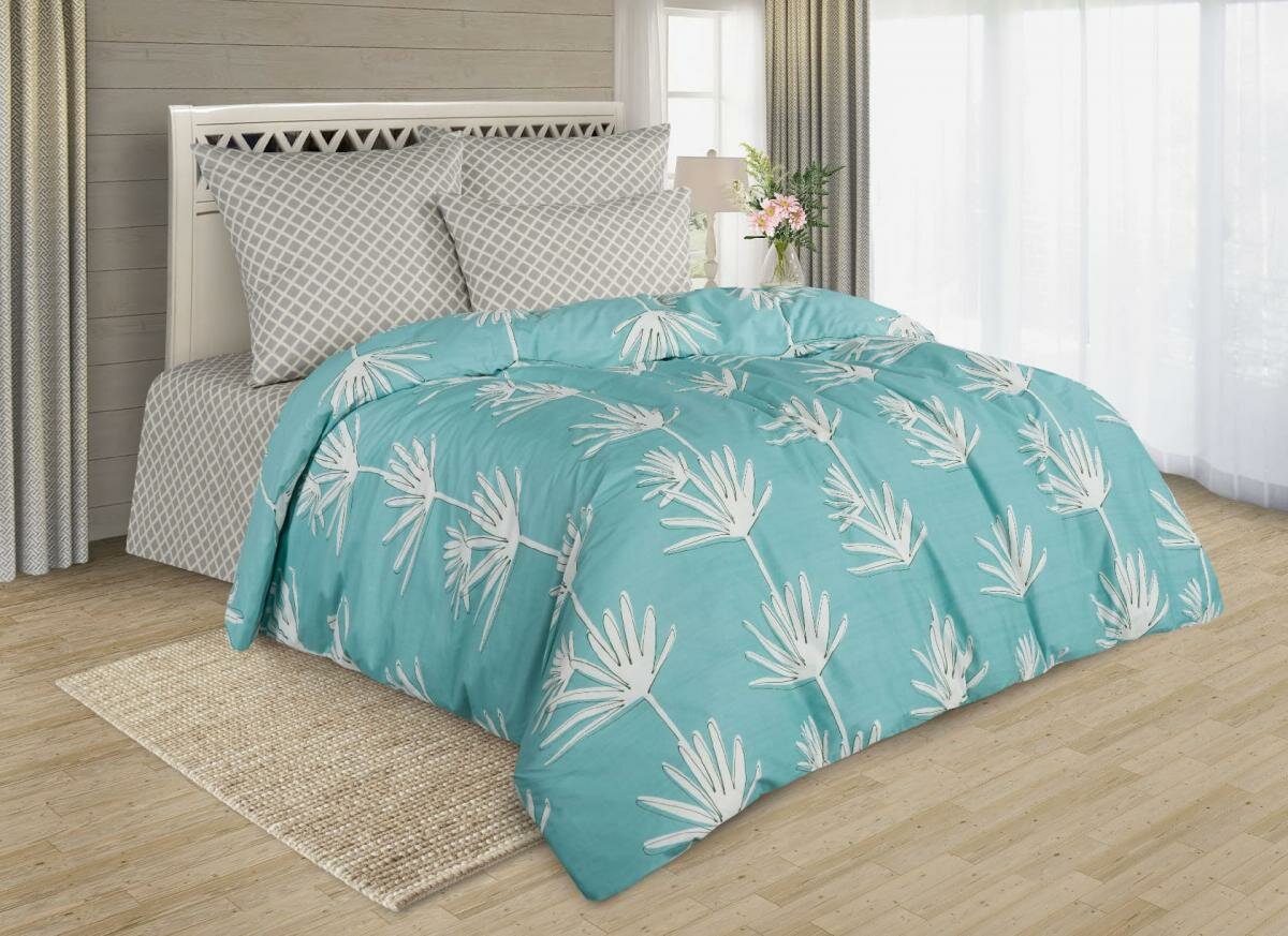 Поплин ЗефирТекс Постельное белье Aruba, поплин, листья, голубой (2 спальный с нав. 70х70 см ,)
