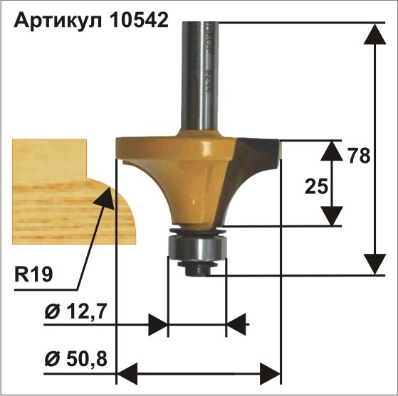 10542 Фреза кромочная калевочная (50.8х25 мм; R 19 мм; хвостовик 12 мм) Энкор