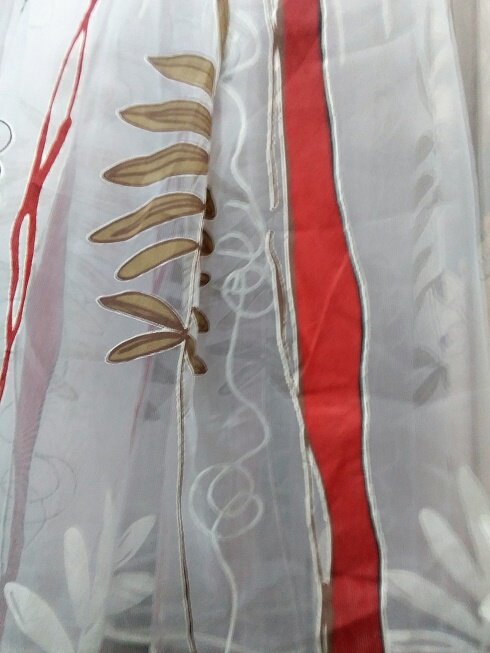 фото Тюль Chetintex органза цветная красные полоски с бежевыми листьями 500*260см. 1шт.