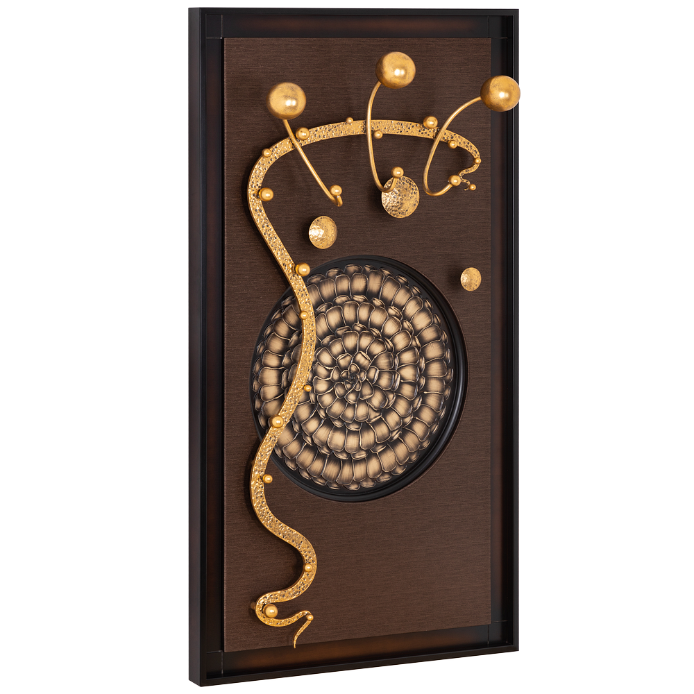 Настенная деревянная вешалка для одежды BOGACHO Heri коричневая 3 крючка с декоративным панно и кованым элементом бронзового цвета ручная работа - фотография № 6