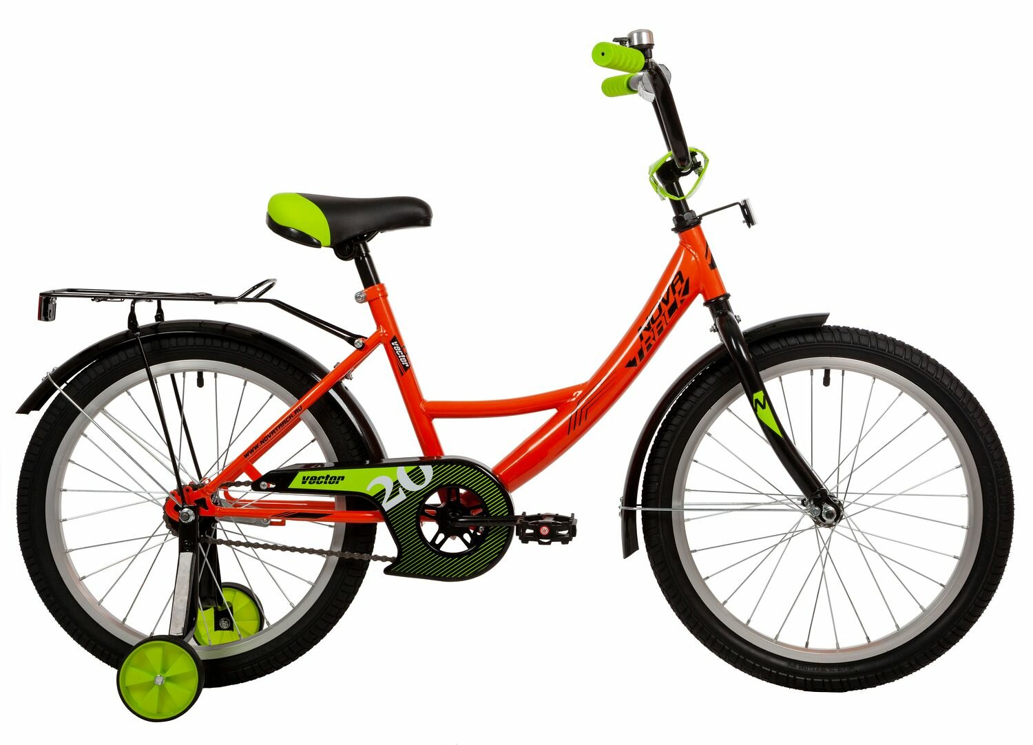 Велосипед NOVATRACK VECTOR 20" (2022) (Велосипед NOVATRACK 20" VECTOR оранжевый, защита А-тип, тормоз нож., крылья и багажник чёрн.)
