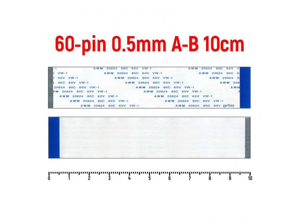 Шлейф FFC 60-pin Шаг 0.5mm Длина 10cm Обратный A-B AWM 20624 80C 60V VW-1