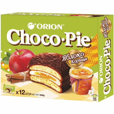 Печенье ORION "Choco Pie Apple-Cinnamon" яблоко корица 360 г (12 штук х 30 г), комплект 10 шт., О0000012846 - фотография № 1