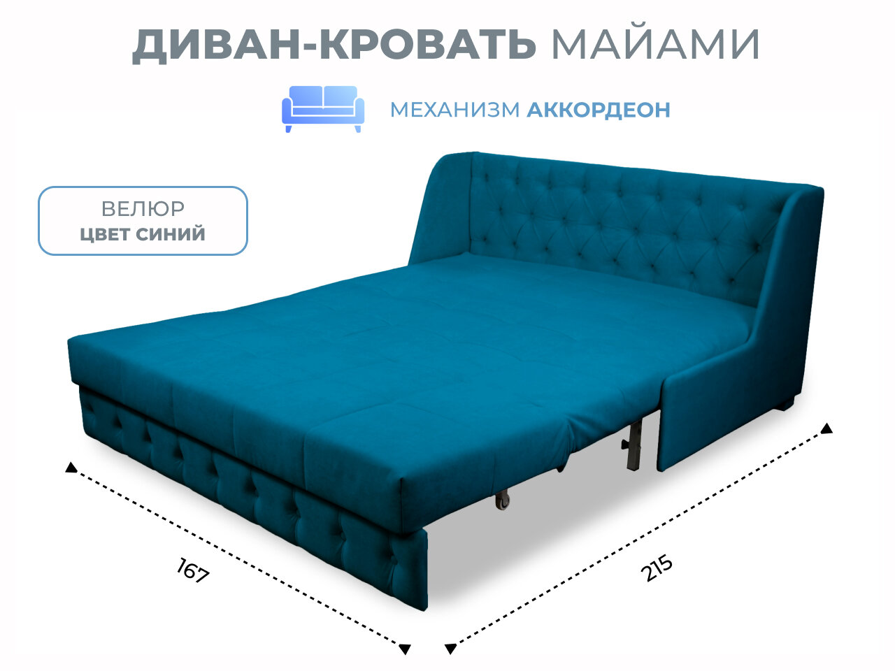 Диван-кровать Майами-1 (160) механизм аккордеон велюр темно-синий Grand Family - фотография № 1