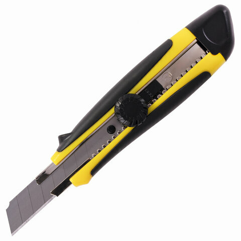 Нож канцелярский 18 мм BRAUBERG "Universal", комплект 15 шт., роликовый фиксатор, резиновые вставки, блистер, 235402