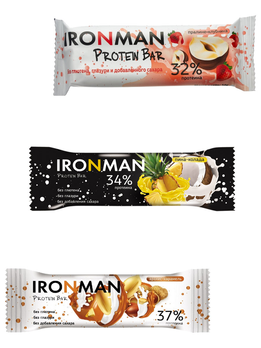 Ironman 32-37% Protein bar без сахара, Ассорти 3х50г (Арахис, Клубника, Пина-Колада) Протеиновый батончик для похудения и набора мышечной массы