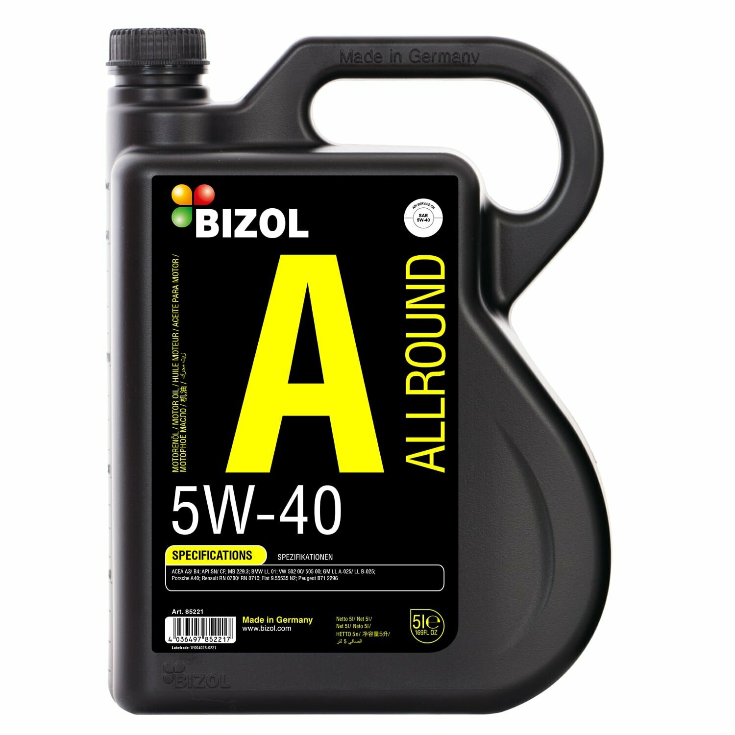 Масло моторное НС-синтетическое BIZOL Allround 5W-40 SN A3/B4 5л