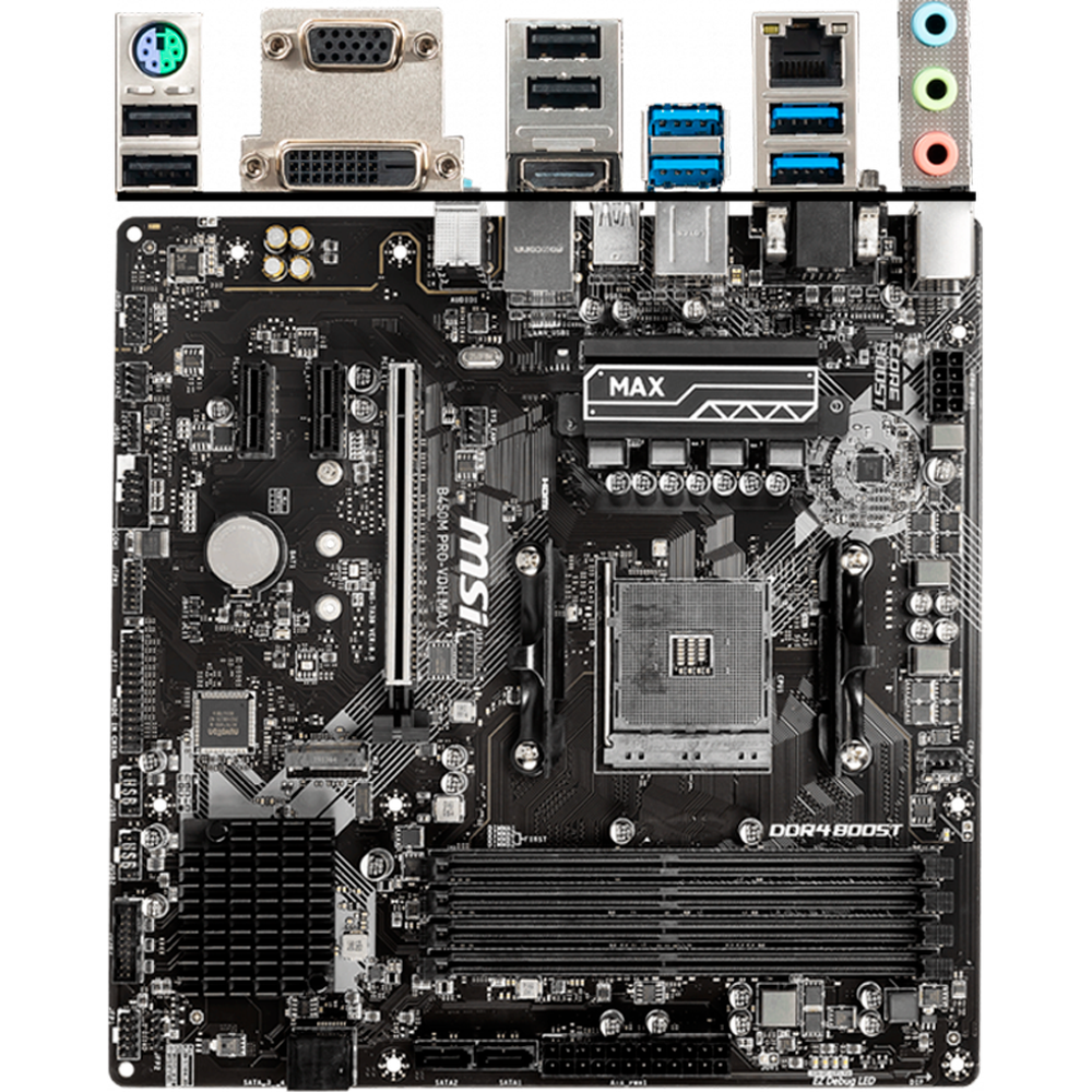 Материнская плата MSI B450M Pro-VDH Max B450 Socket AM4 4xDDR4, 4xSATA3, RAID, 1xM.2, 1xPCI-E16x, 4xUSB3.1, D-Sub, DVI-D, HDMI, Glan, mATX