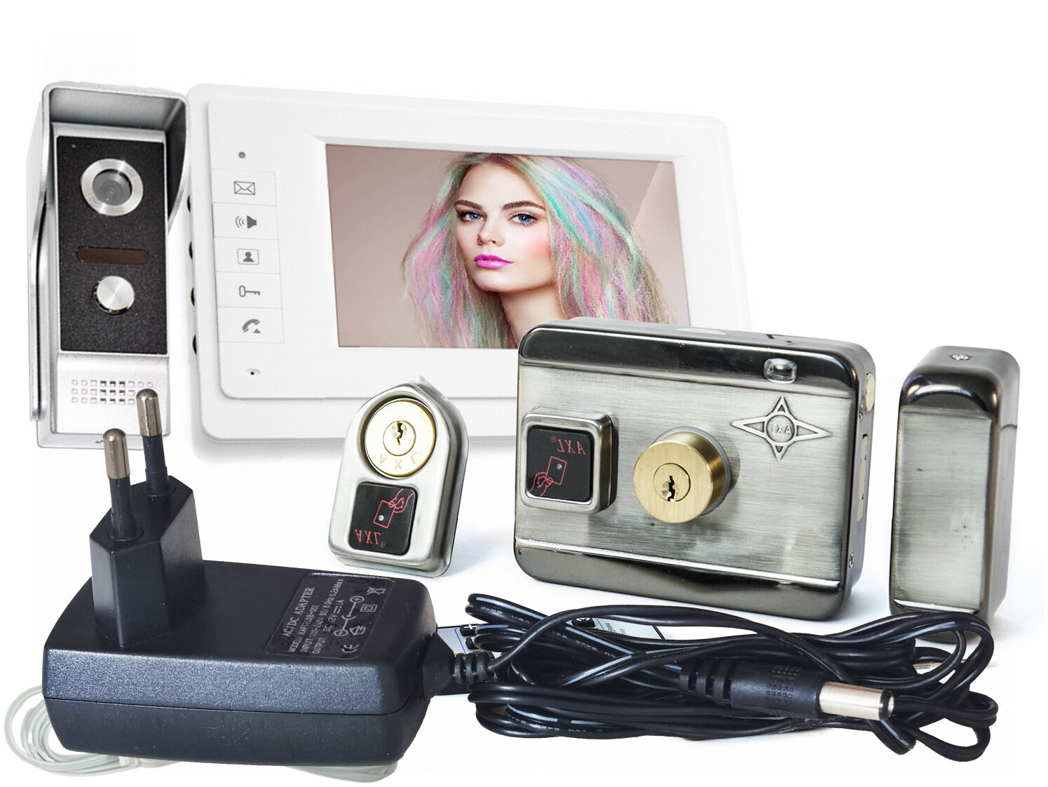 Набор: цветной видеодомофон ЕП-7400 + Anxing Lock-AX 066 (K81709MOK) -замок и вызывная панель - замок электромеханический с домофоном