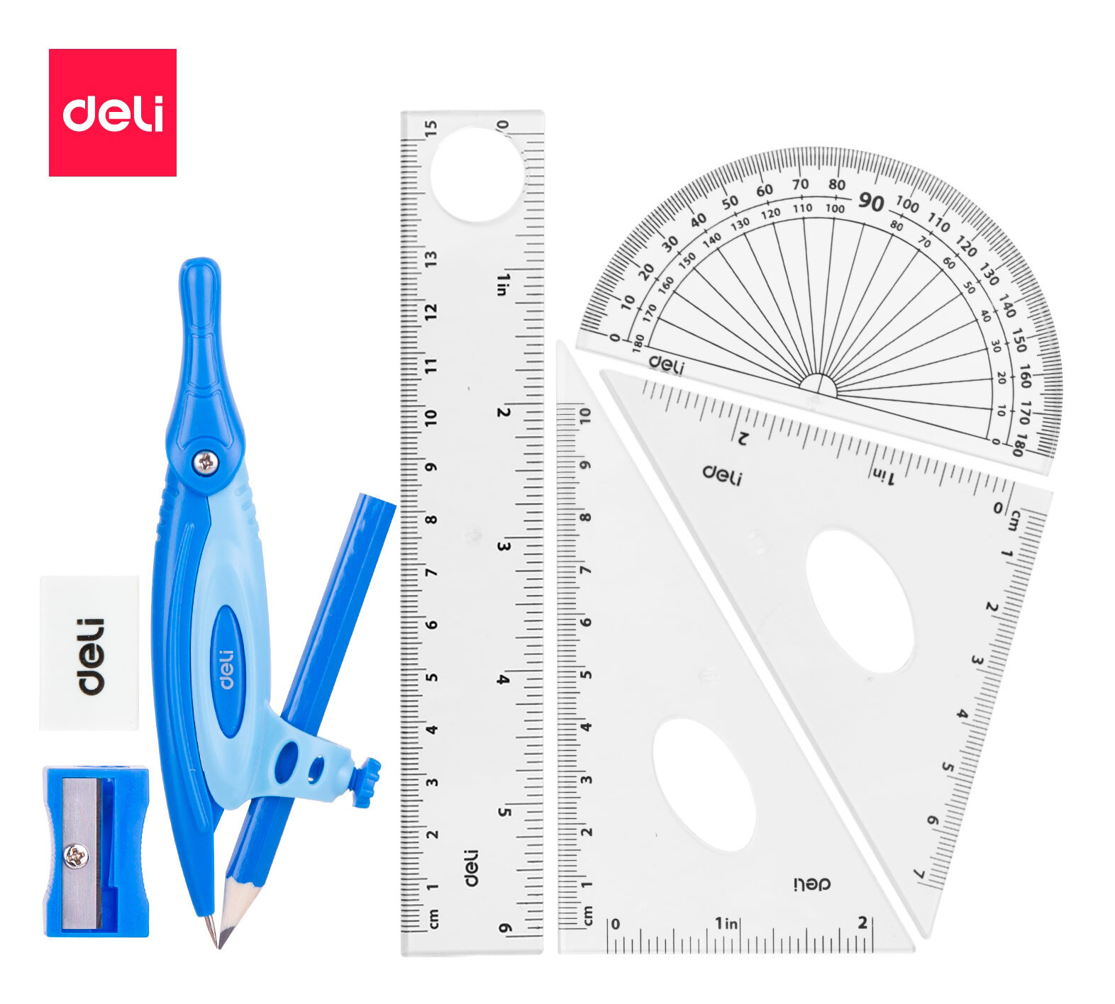 Циркуль Deli корпус ассорти пластик в компл.:линейка/транспортир/2 угольника/карандаш/ластик - фото №5