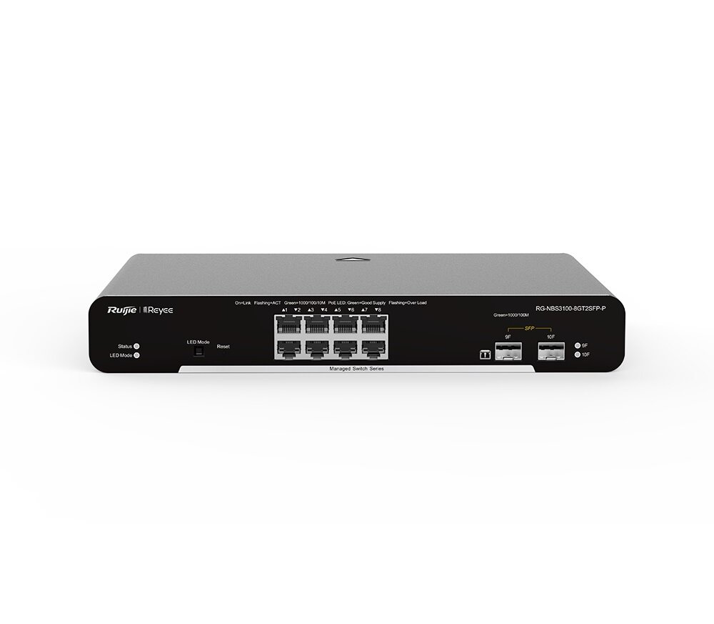 Коммутатор Ruijie Reyee 8-Port Gigabit L2 Managed POE Switch 8 Gigabit RJ45 POE/POE+ Ports2 SFP Slots125W PoE Power budget Desktop Steel Case