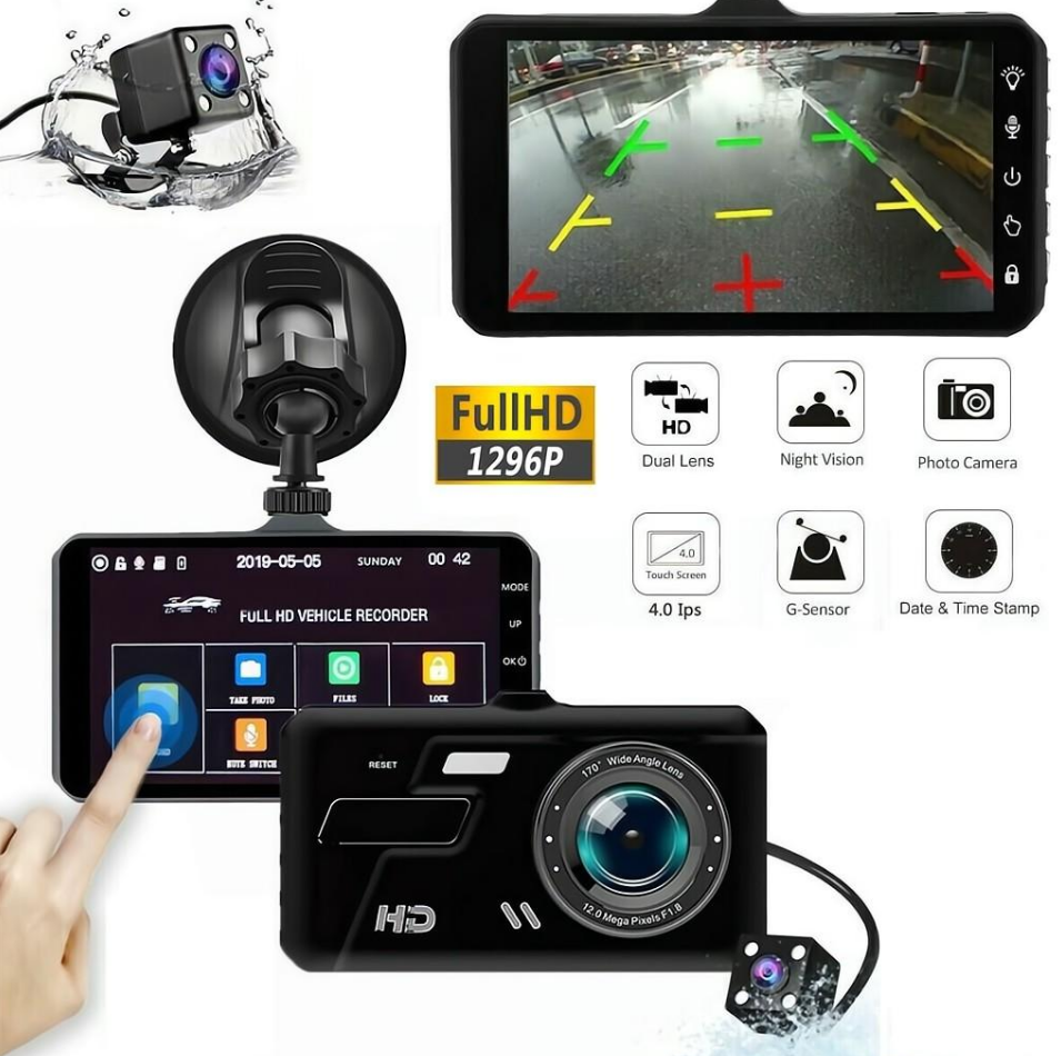 Автомобильный видеорегистратор c камерой заднего вида для парковки / Датчик удара G-Sensor / Full HD 1080p / Сенсорный 4.0 LCD дисплей / 2 камеры