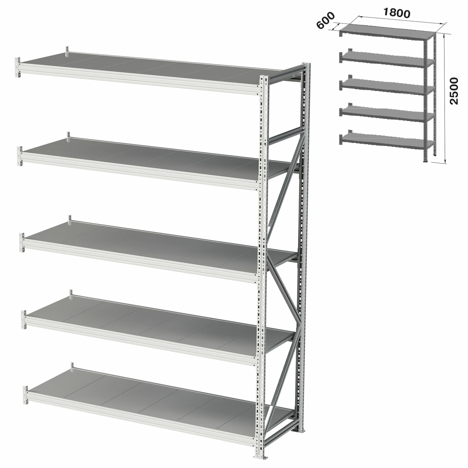Стеллаж металлический (приставная секция) практик "MS Pro", 2500х1800х600 мм, 5 полок (комплект) - фотография № 1