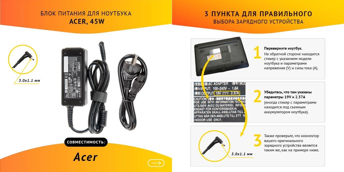 Power unit / Блок питания (зарядка) ZeepDeep для ноутбука Acer 19V 2.37А 45W 3.0x1.1 с кабелем