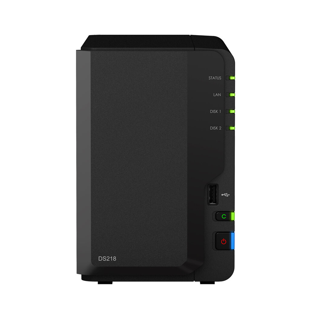 Сетевое хранилище Synology DS218 настольный 2шт. 2.5",3.5" SATA III 28TB Basic,RAID 0,RAID 1,Synology Hybrid RAID 2 GB DDR4 Кол-во сетевые интерфейсов 1шт. 1 Gb/s