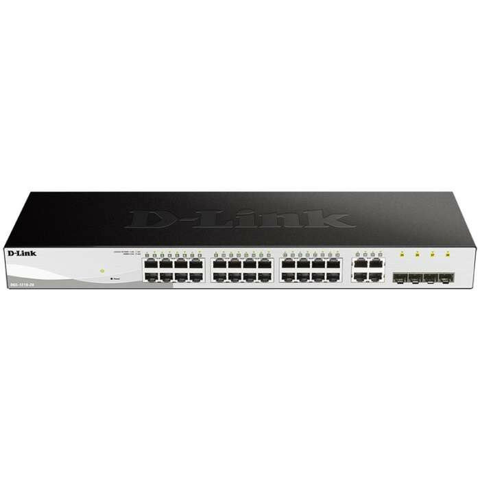 Коммутатор D-Link DGS-1210-28/F2A, L2 Smart Switch with 24 10/100/1000Base-T ports and 4 1000Base-T/SFP combo-ports.8K Mac address, 802.3x Flow Control, 256 of 802.1Q VLAN, VID range 1-4094, 4 IP Interface, 8