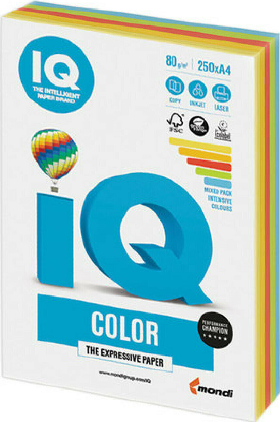 Бумага цветная Бумага цветная IQ color А4 80 г/м2 250 л. (5 цветов x 50 листов) микс интенсив RB02