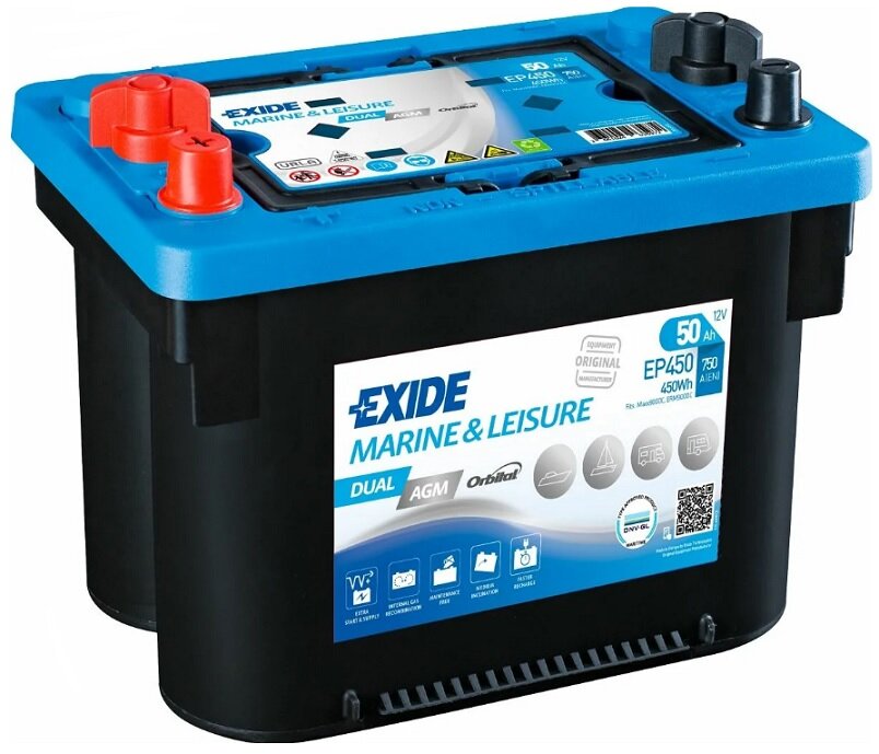 Аккумулятор Exide DUAL AGM 50 А/ч 750 А прям. пол. резьба+конус EP450 (260х173х206) для катеров, лодочных моторов, автодомов; Deep Cycle/Starting