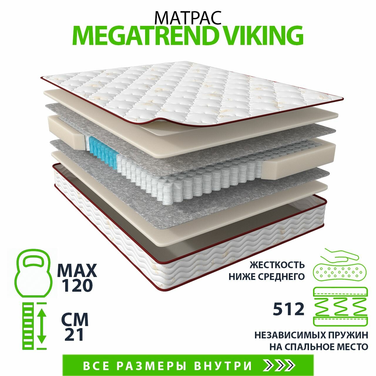 Матрас Megatrend Viking 120х200, двусторонний с одинаковой жесткостью, memory foam