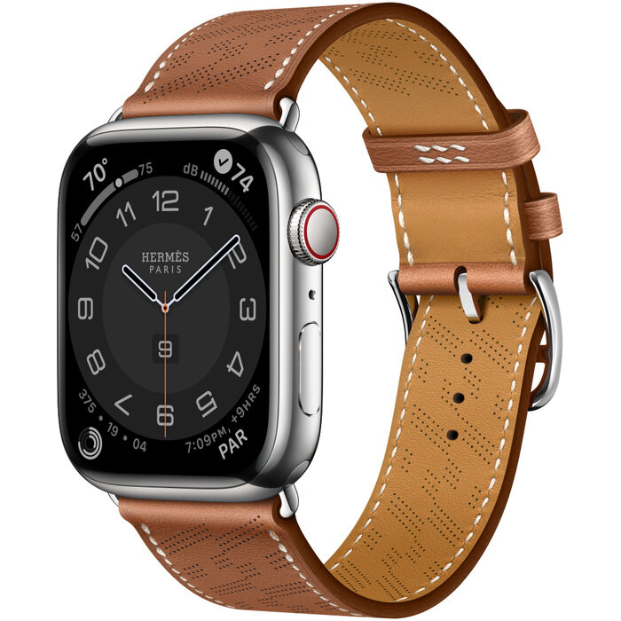 Часы Apple Watch Hermès Series 7 GPS + Cellular 45mm Silver Stainless Steel Case with Gold Swift Leather H Diagonal Single Tour GLOBAL