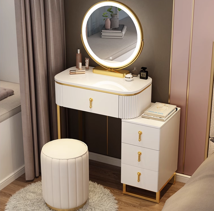 Небольшой туалетный столик с узкой тумбой и зеркалом с подсветкой (серый с черной столешницей 70 см + пуф + зеркало) - фотография № 4