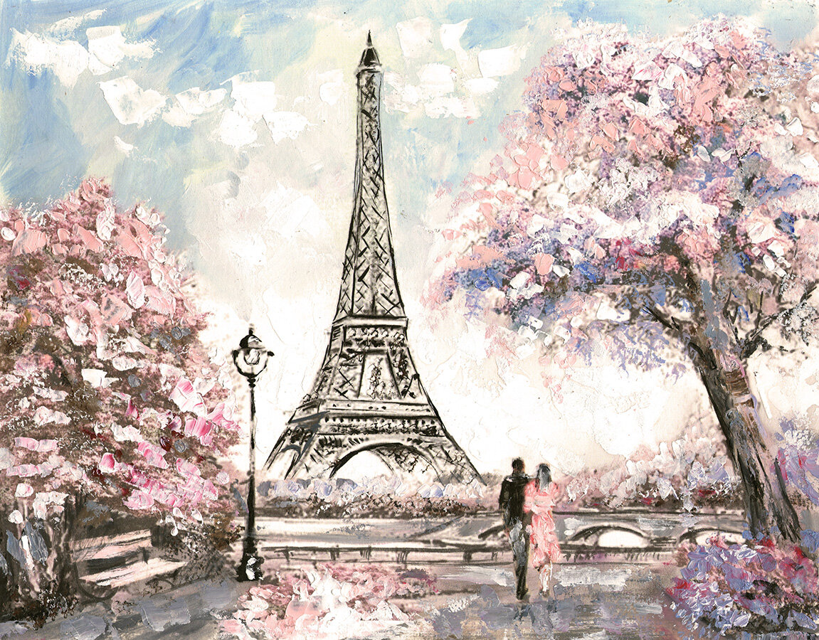 Фотообои Уютная стена "Эйфелева башня в Париже. Нежный пейзаж маслом" 350х270 см Виниловые Бесшовные (единым полотном) - фотография № 1