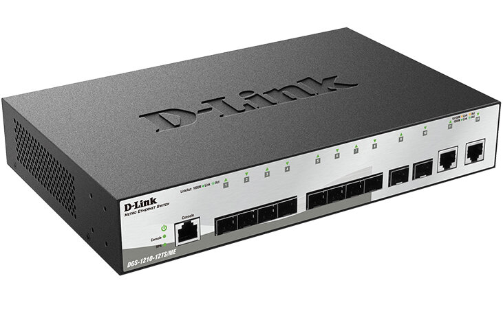 Коммутатор D-Link DGS-1210-12TS/ME/B1A Управляемый коммутатор 2 уровня с 10 портами 1000Base-X SFP и 2 портами 10/100/1000Base-T