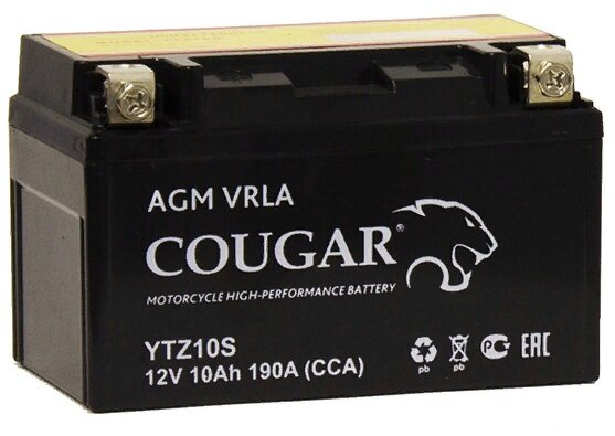 Аккумулятор для мотоцикла и скутера Cougar AGM VRLA 12V 10 А/ч 190 А прям. пол. залит/заряжен YTZ10S (150х87х93)