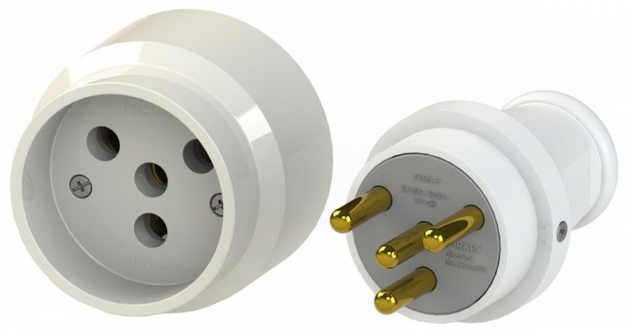 фото NE-AD розетка прямая керамика + вилка каучук, 25А 380В 3Р+Е(N) земля, белый, IP20 1005-T (арт. 759624)