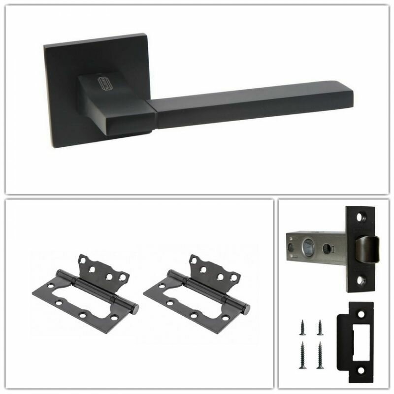 фото Комплект ручек для дверей Palidore А-528_BLACK_L6-45, черный (ручка + замок защелка + 2 петли без врезки)