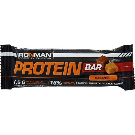 Батончик IRONMAN Protein Bar с коллагеном, 50 г (Карамель / тёмная глазурь)