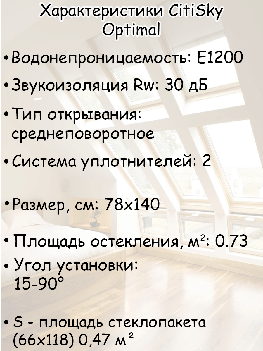 Мансардное окно + Оклад универсальный Optimal 78х140 CitiSky деревянное среднеповоротное с двухкамерным стеклопакетом - фотография № 2