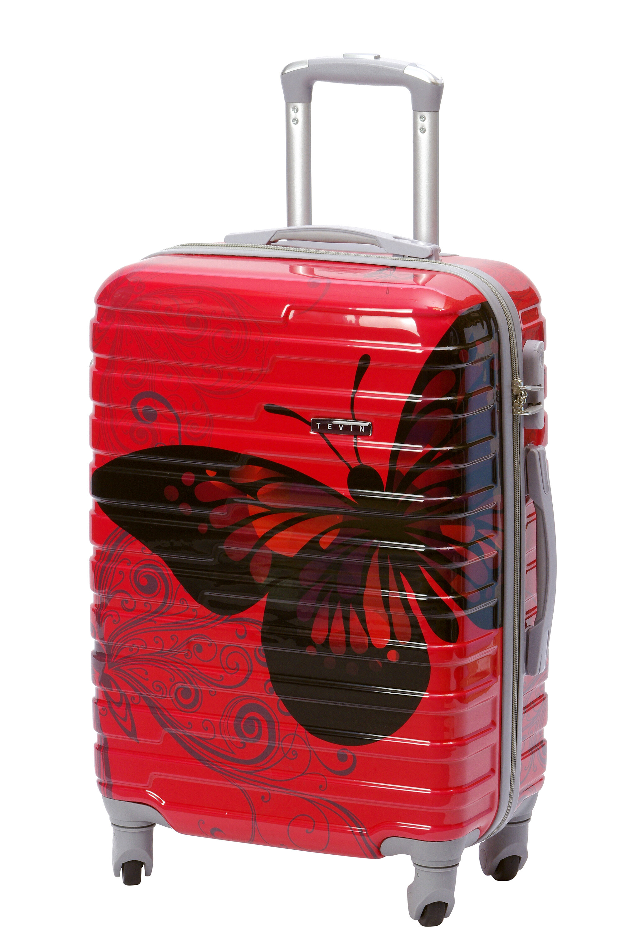 Чемодан на колесах дорожный средний багаж для путешествий женский m TEVIN размер М 64 см 62 л легкий 3.2 кг прочный поликарбонат Красный с рисунком