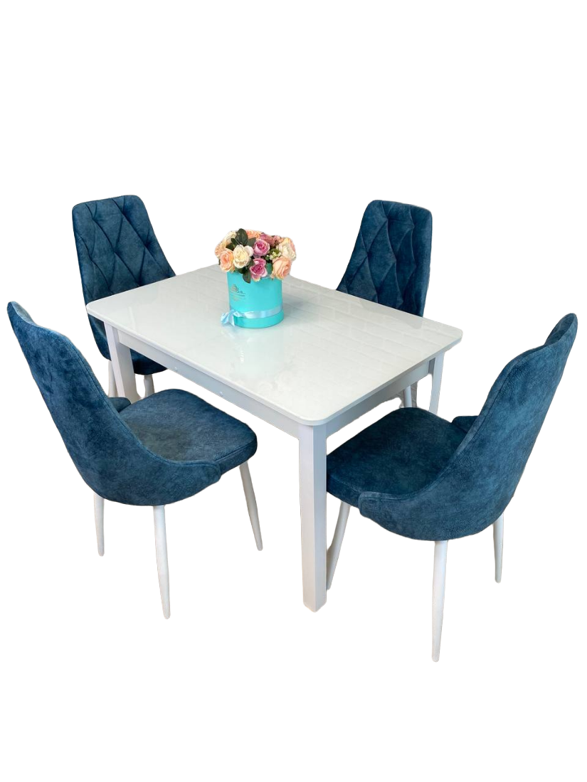 Обеденная группа стол и стулья для кухни NGVK Мега Белый стекло и 4 стула Кресло цвет Синий - фотография № 6