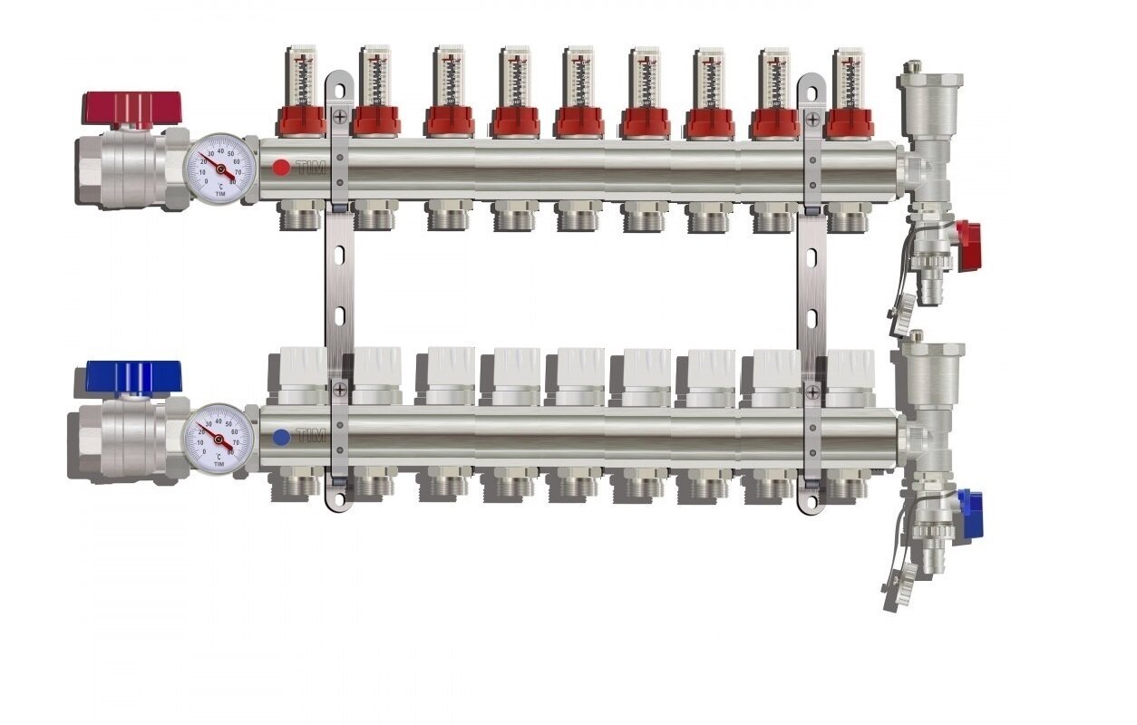 Коллектор для тёплого пола с расходомерами Tim на 9 выходов из латуни (Коллектор для тёплого пола с расходомерами)