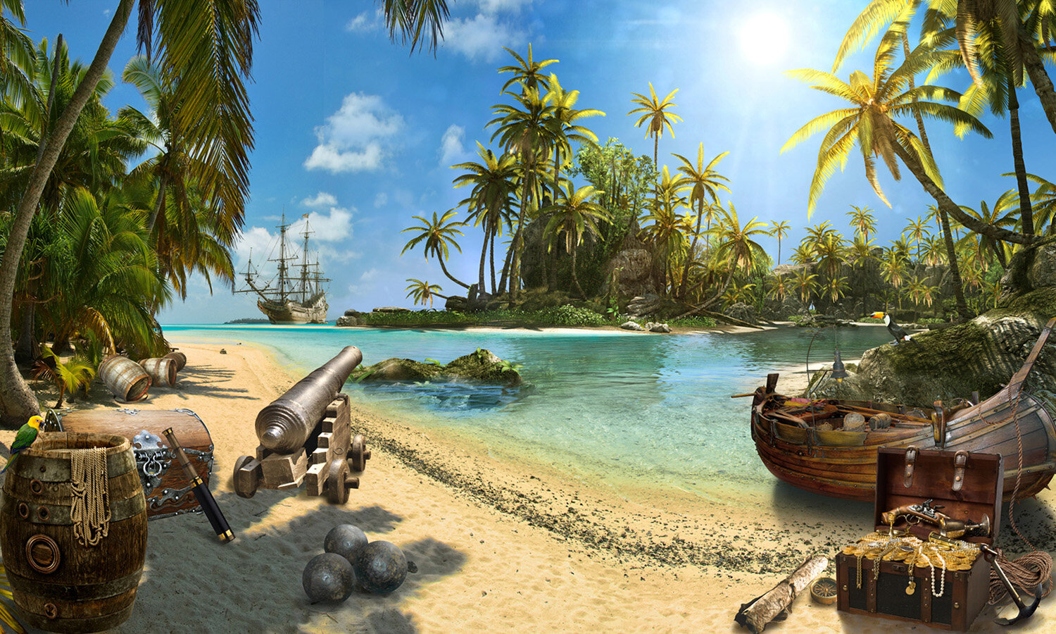 Фотообои Уютная стена "Пиратский остров с пальмами" 450х270 см Бесшовные Премиум (единым полотном) - фотография № 1