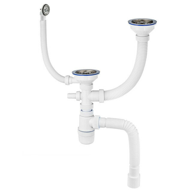 фото сифон для двойной мойки VIRPLAST 3.1/2" чашка 114мм отвод д/БТ круглый перелив гофротруба 40х40/50мм